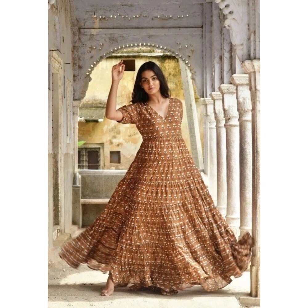 DAUGHTERS OF INDIA Chaaya Cotton Maxi Dress in Chai Boho Flowy Size S